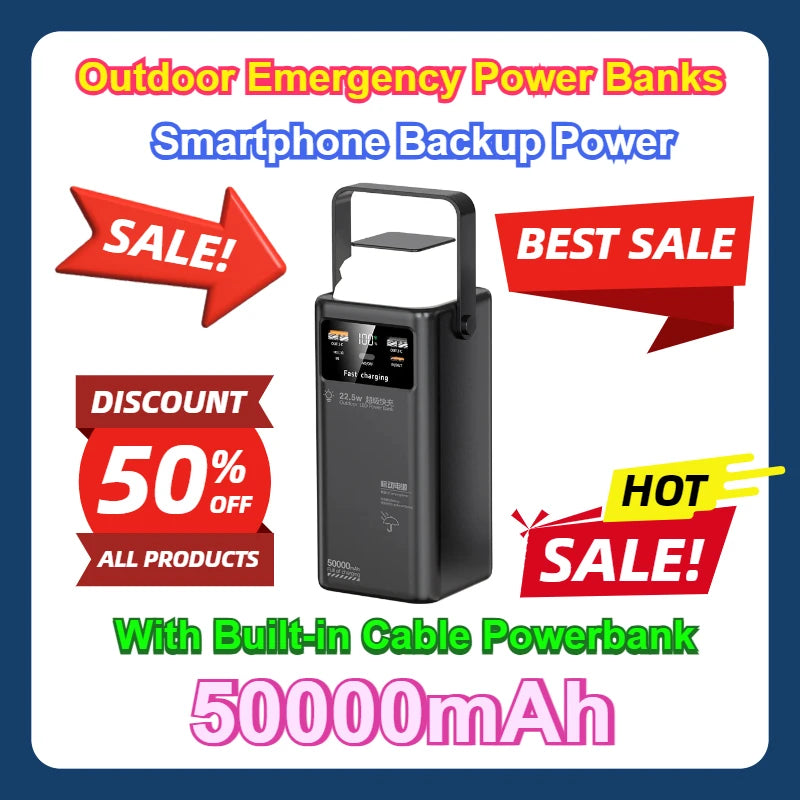With Built-in Cable Powerbank 50000mah Camping Light Portable Outdoor Emergency Smartphone