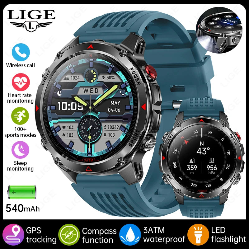 LIGE 2025 New Professional GPS Track Sports Smartwatch Outdoor RIDE Run Compass Altimeter 3ATM Fitness Bracelets 540mAh