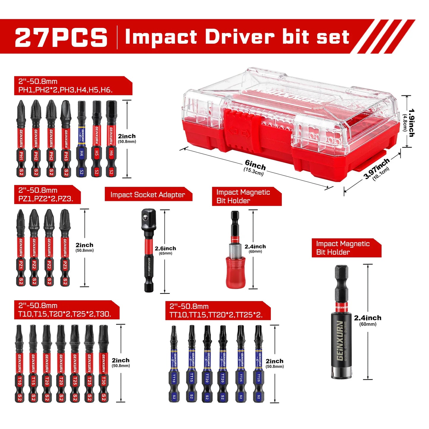 Geinxurn Impact Screwdriver Bit Set with Tough Case(Red), 27PCS S2 Steel Bit Set,2" Long  bits with 2.36