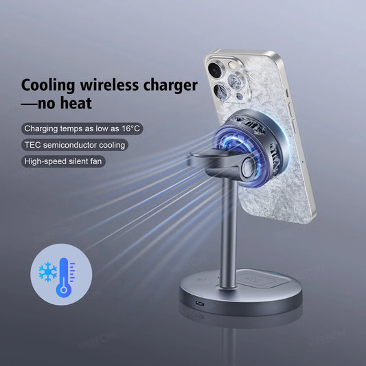 15W Qi2 Magnetic 3 in 1 Wireless Charger TEC Semiconductor Radiator for Magsafe iPhone 17~12 Pro Max Apple Watch 9 8 AirPods Pro