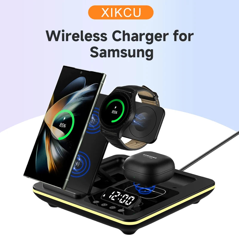 Foldable Wireless Charger Alarm Clock LED Light Dock For Samsung S24 S23 Galaxy Watch 2-7 Active 1 2 Buds Pro Charging Station