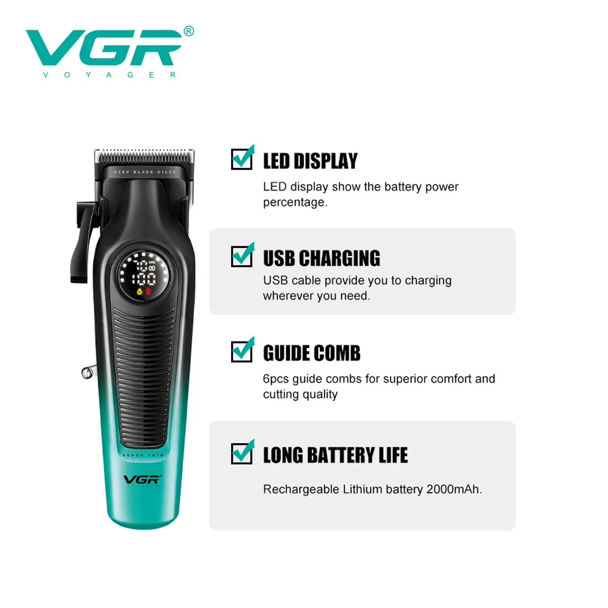 VGR 196 Professional Hair Clipper – DLC Ceramic Blade, LED Display, Cordless USB Hair Trimmer