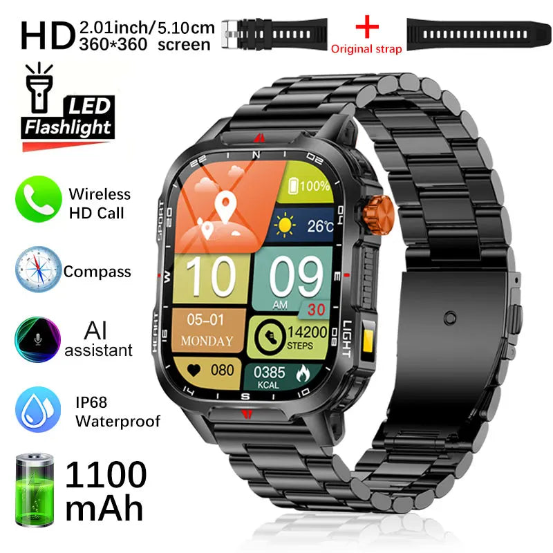 Fanwear men's smart watch Bluetooth call 1100mAh battery 100 days standby time 2.01 inch screen IP68