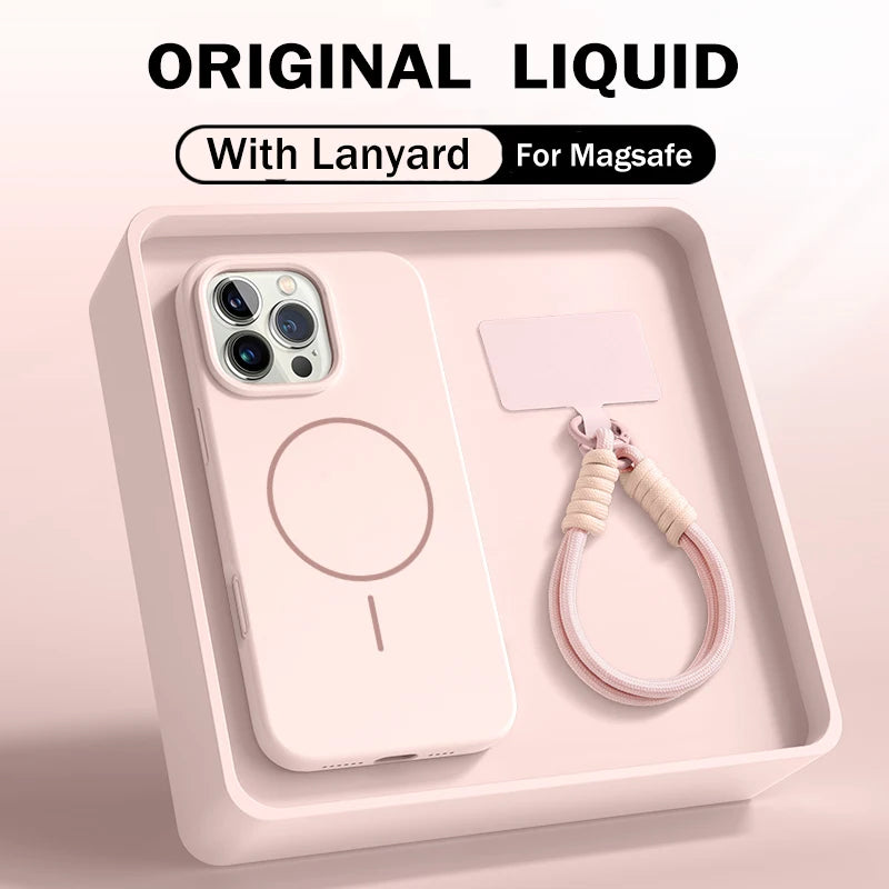 Luxury For Magsafe Magnetic Case For iPhone 15 14 16 Plus 11 12 13 Pro Max 16E Original Liquid Silicone Lanyard Strap Soft