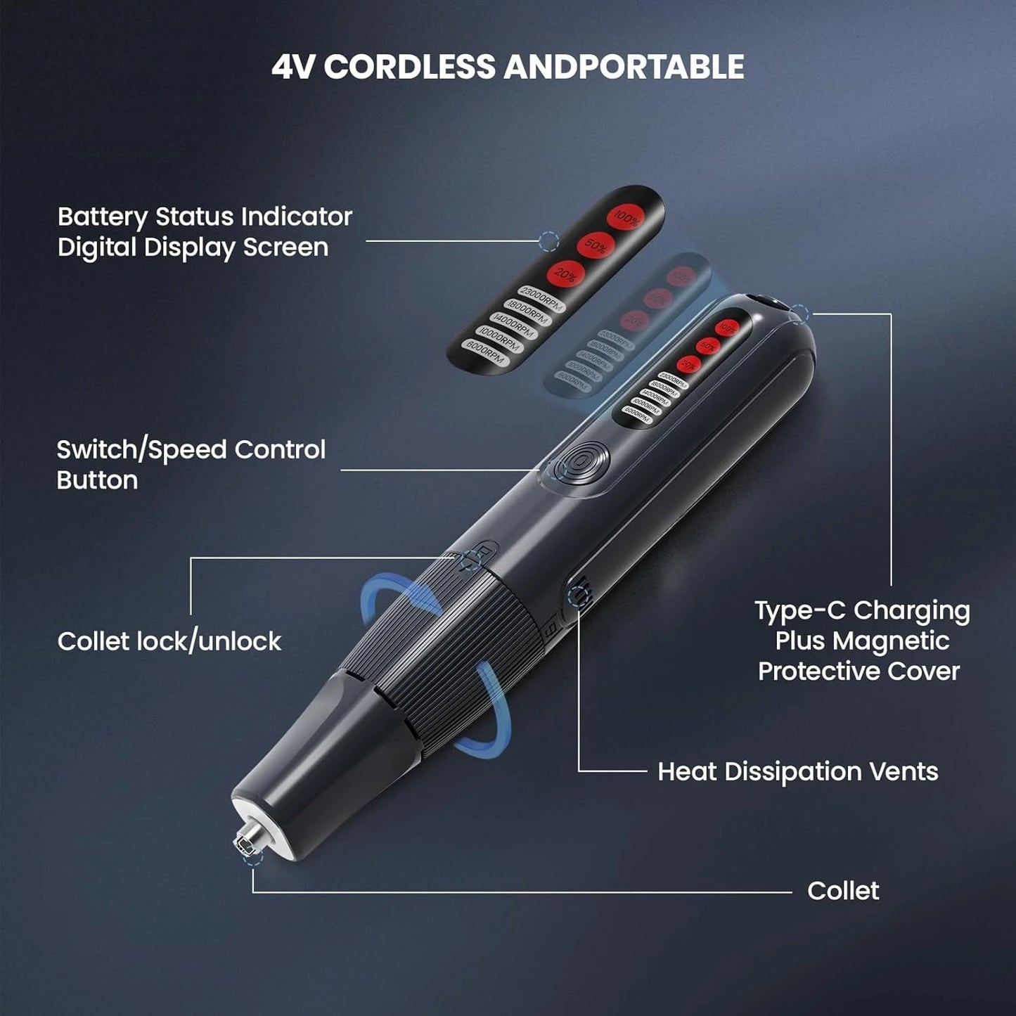 CreationSpace 8V Cordless Rotary Tool Kit – 5-Speed with Digital Display & Auto-Lock Chuck for Drilling & Engraving