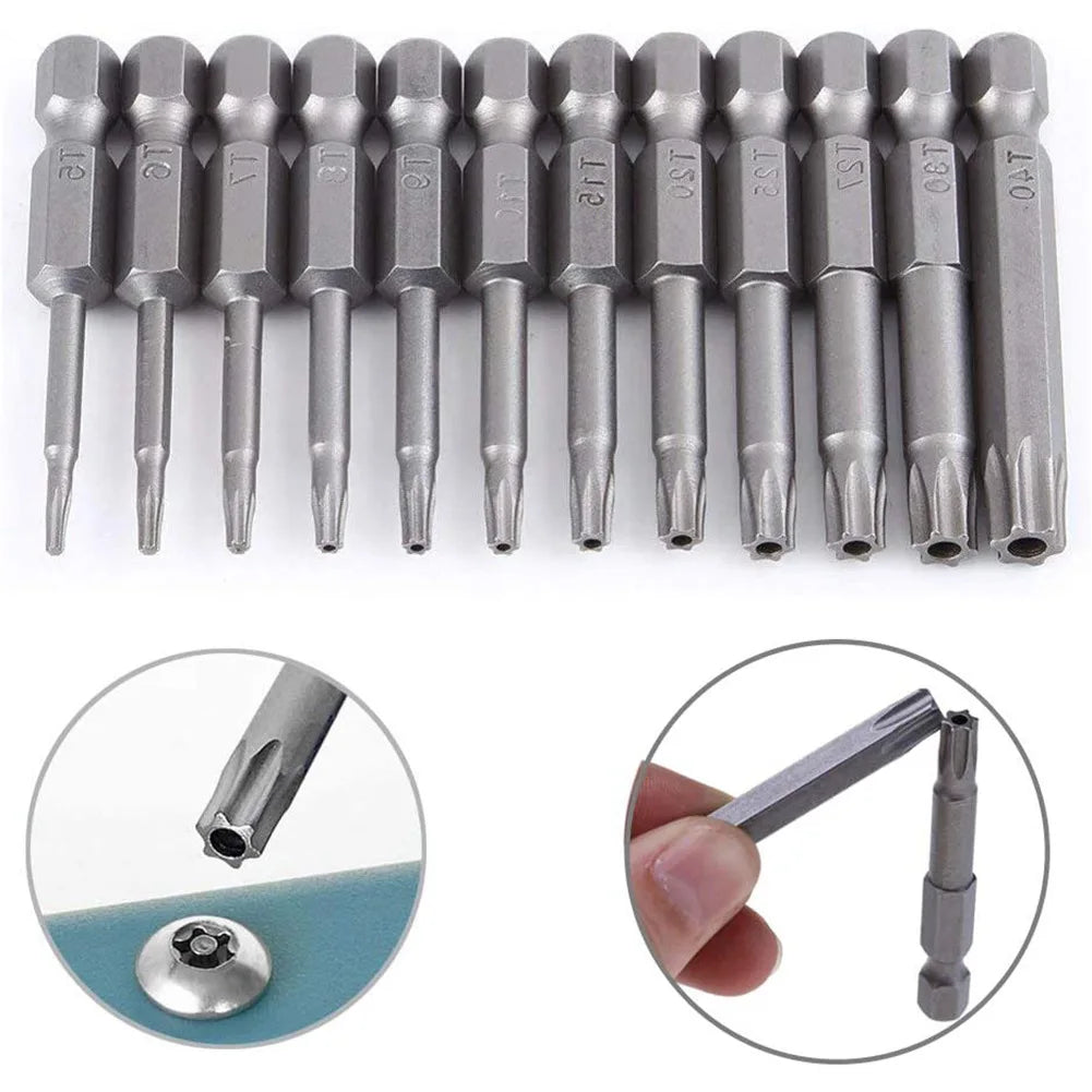 Hex Shank Torx Security Head Screwdriver Drill Set 4 Inch Length S2 Steel Torx Bit Set 11/12pcs Torx Head 1/4 Inch