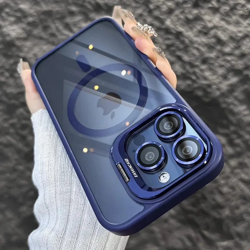 Luxury Magnetic Shockproof Phone Case For iPhone 15 14 13 12 11 16 17 Pro Max Plus 16E Funda Stand Glass Lens Protection