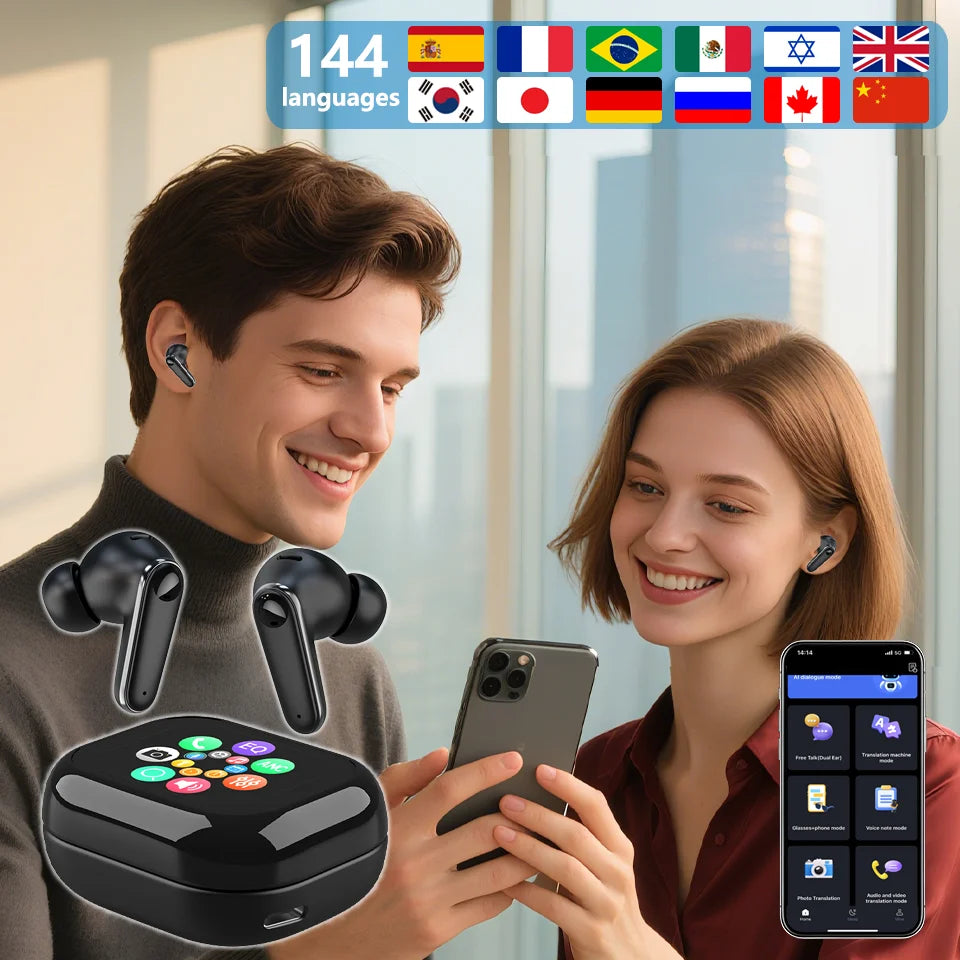 Touch Screen Wireless Headphones 144 Languages Real Time Translation Bluetooth Earphone 6 Mic ANC ENC Cancelling Sports Earbuds