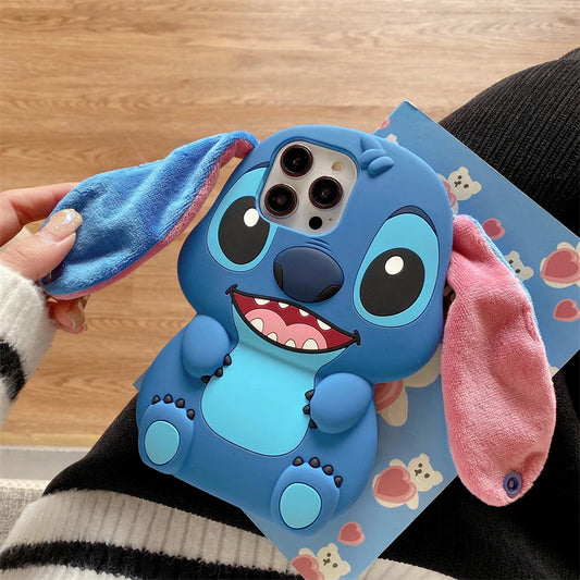 For iPhone 16 promax 15 14 Pro Max 13 12 11 Cases So Cute 3D Cartoon Stitch Phone Case Soft Silicone Fur Plush Ear Strap