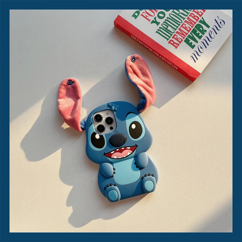 For iPhone 16 promax 15 14 Pro Max 13 12 11 Cases So Cute 3D Cartoon Stitch Phone Case Soft Silicone Fur Plush Ear Strap