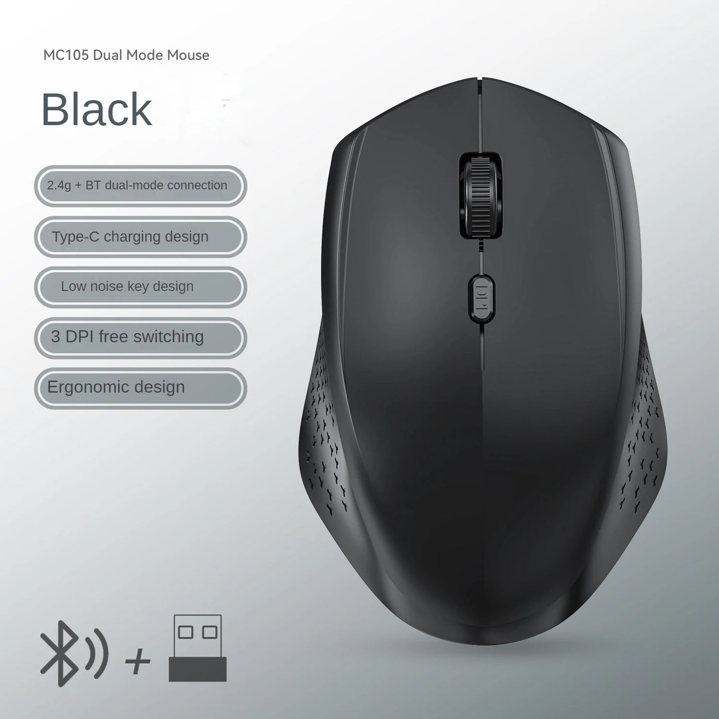 Bluetooth 5.2 Dual-Mode Wireless Mouse – Silent, Rechargeable, 1600DPI for Laptop & PC