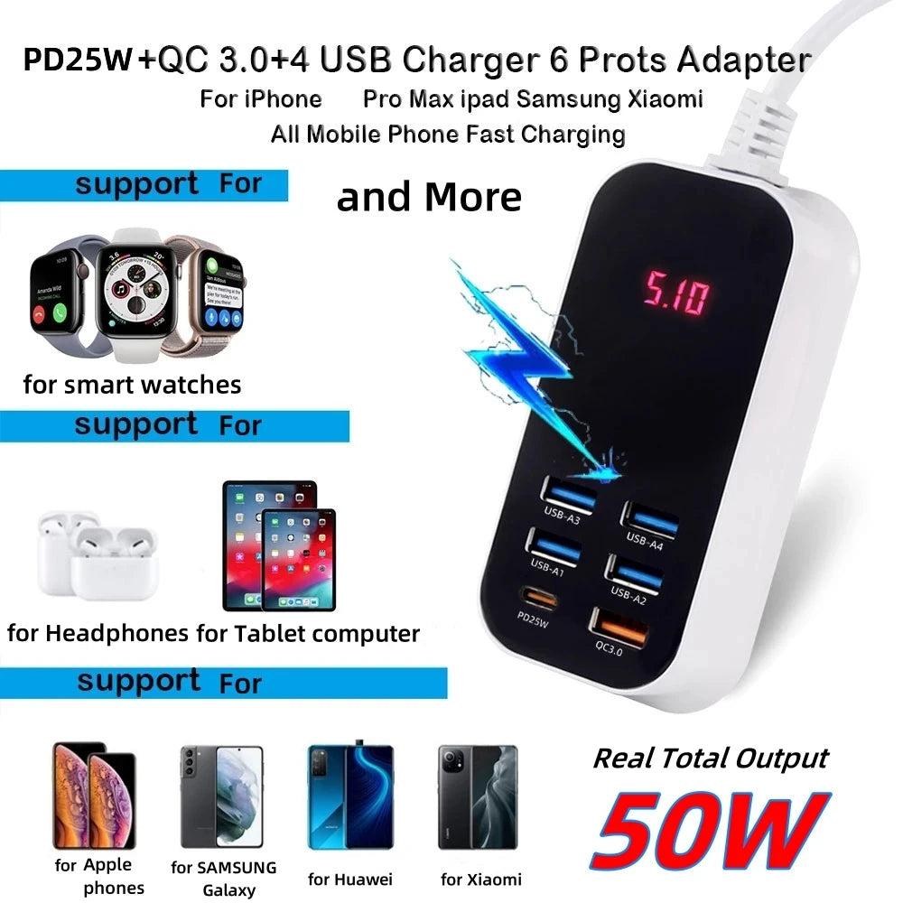 50W Multiple Port USB Fast  Charger PD25W Type C QC3.0 Desktop Wall Power Adapter Phone UK EU US Korea Plug Quick Charge