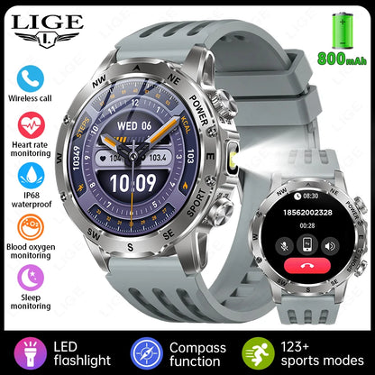 LIGE Compass Smart Watch Men 800mAh Outdoor Flashlight Bluetooth Call Waterproof Sports Fitness Tracker Pedometer Man
