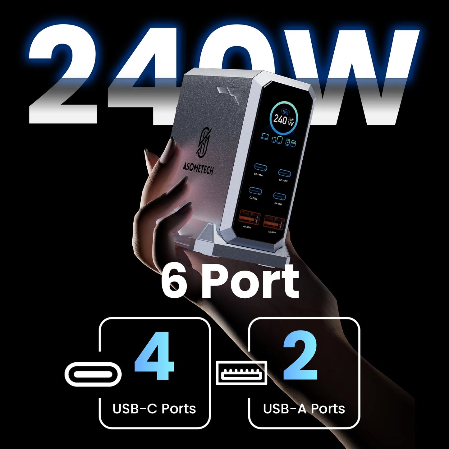 240W GaN Charger PD3.1 140W USB Type C 6 Ports PPS PD Desktop Fast for MacBook Laptops Tablet iPhone Samsung