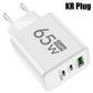GaN Fast Charging 65W USB Type C EU KR PD 3.0 Quick Wall For Phone For iPhone 15 Xiaomi Huawei Samsung