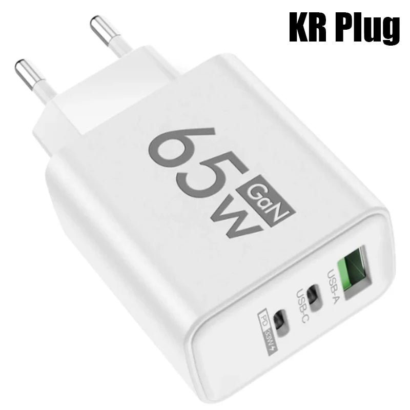 GaN Fast Charging 65W USB Type C EU KR PD 3.0 Quick Wall For Phone For iPhone 15 Xiaomi Huawei Samsung