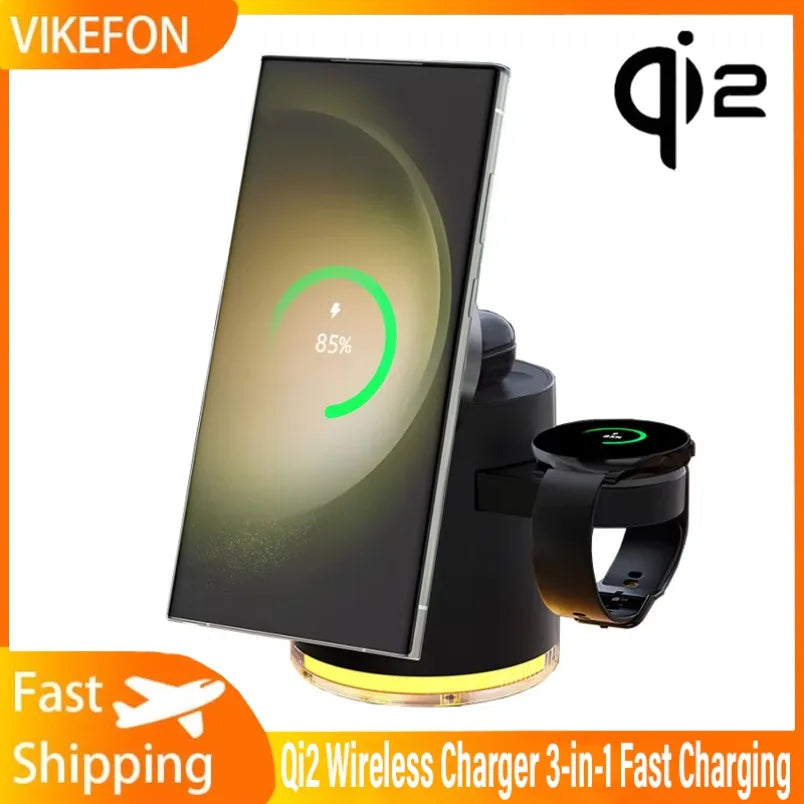 Qi2 Charger with Night lamp 3in1 Magsafe Wireless Chargers Station for iPhone & Samsung Apple Watch Magnetic Accessory