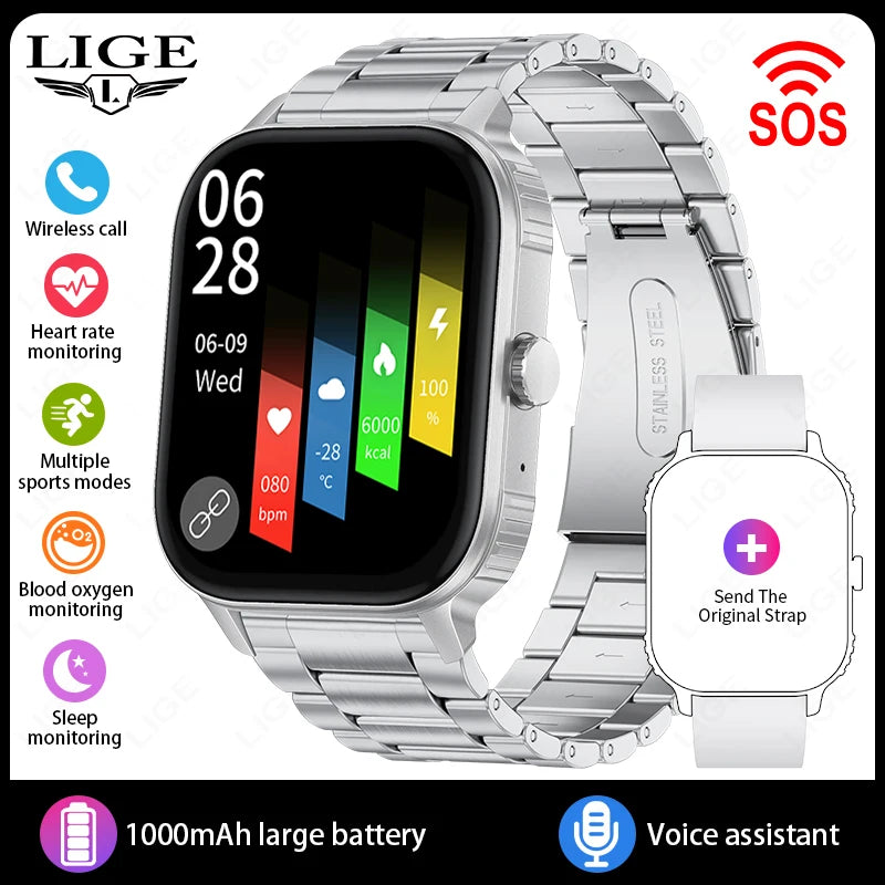 LIGE 2.04" HD Display 2025 New 1000mAh Large Battery Smart Watch Bluetooth Call Health Monitor IP68 Waterproof Sport