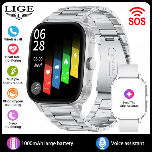 LIGE 2.04" HD Display 2025 New 1000mAh Large Battery Smart Watch Bluetooth Call Health Monitor IP68 Waterproof Sport