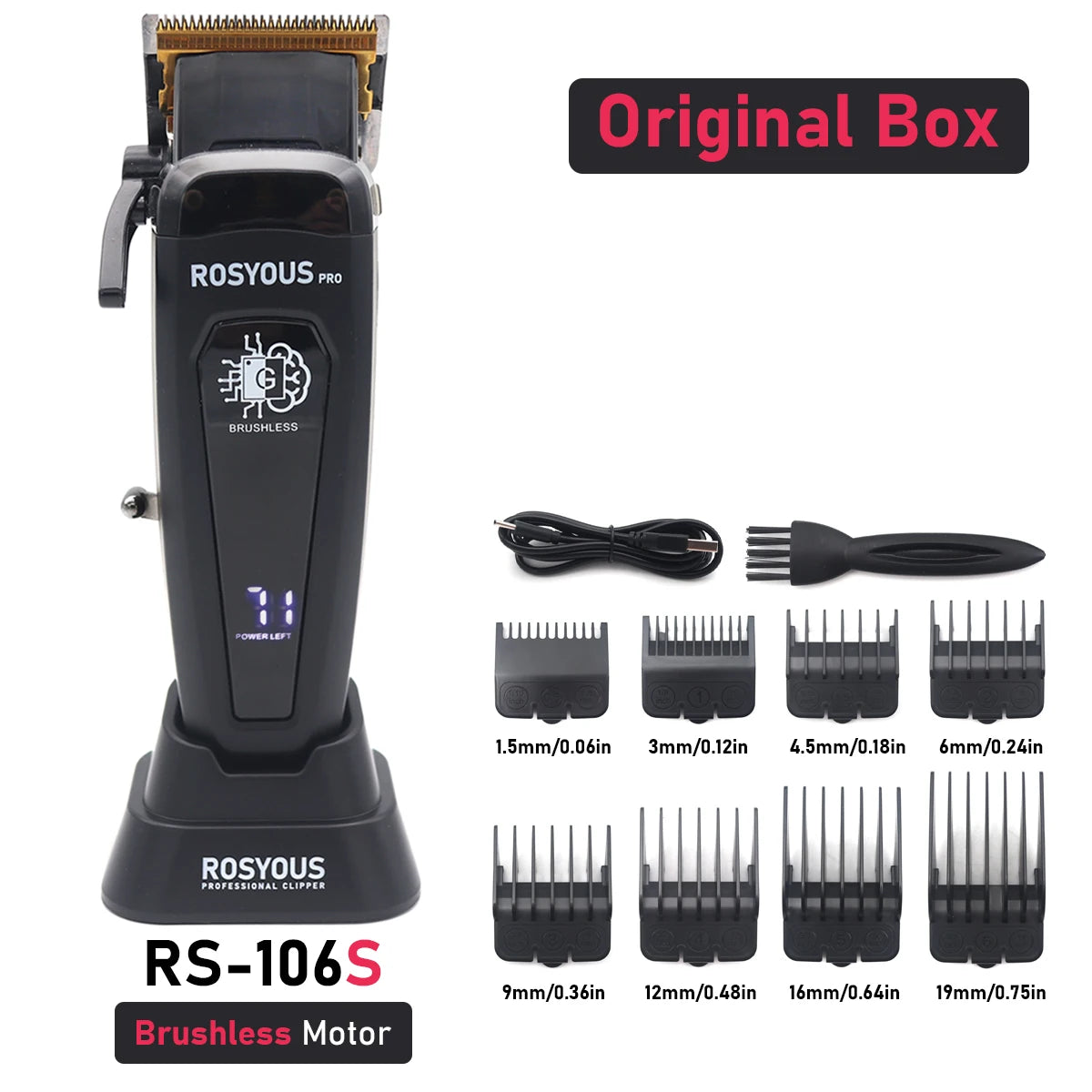 Professional Hair Clipper 106 – Brushless Motor, DLC Blade, LED Display, Base Charger