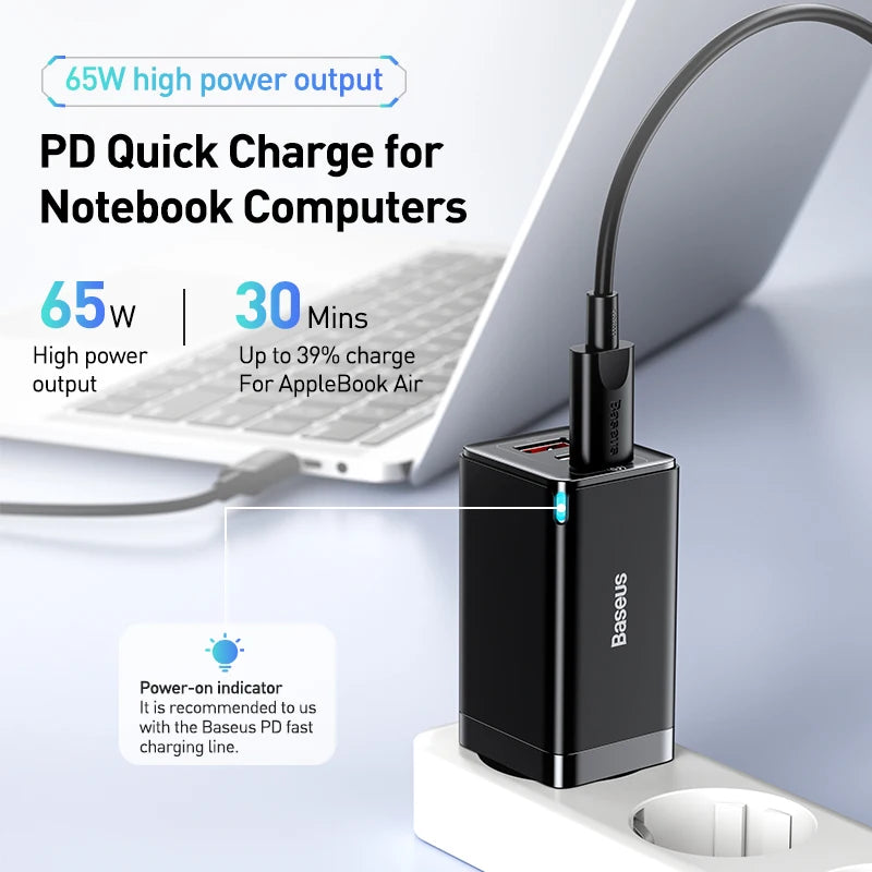 Baseus 65W GaN  FAST Charger Quick Type C PD QC USB Portable For Laptop iPhone 17 16 15 14 13 Pro