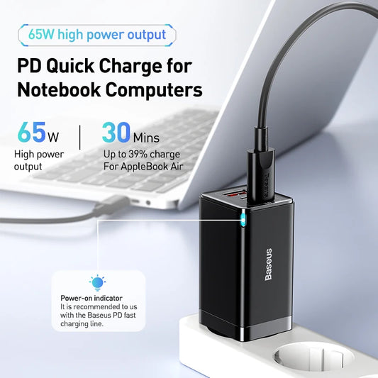 Baseus 65W GaN  FAST Charger Quick Type C PD QC USB Portable For Laptop iPhone 17 16 15 14 13 Pro