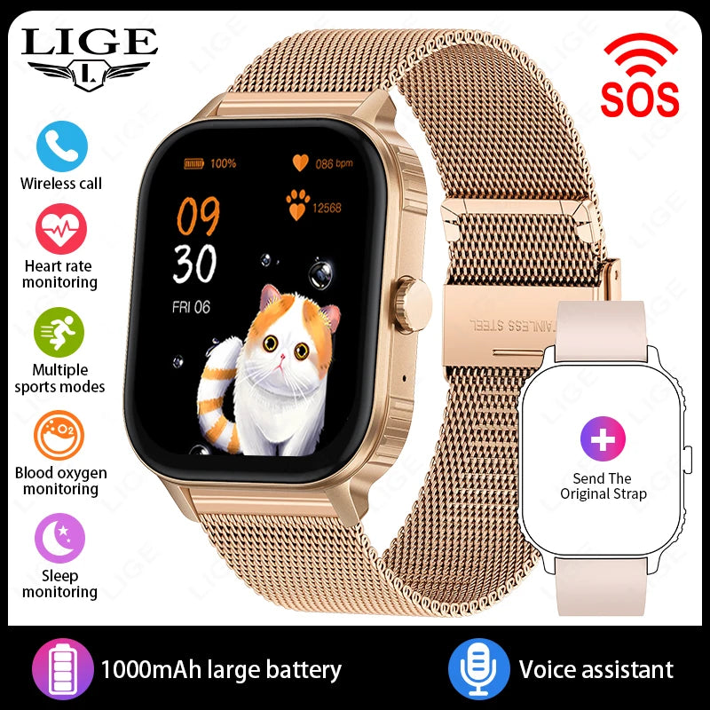 LIGE 2.04" HD Display 2025 New 1000mAh Large Battery Smart Watch Bluetooth Call Health Monitor IP68 Waterproof Sport