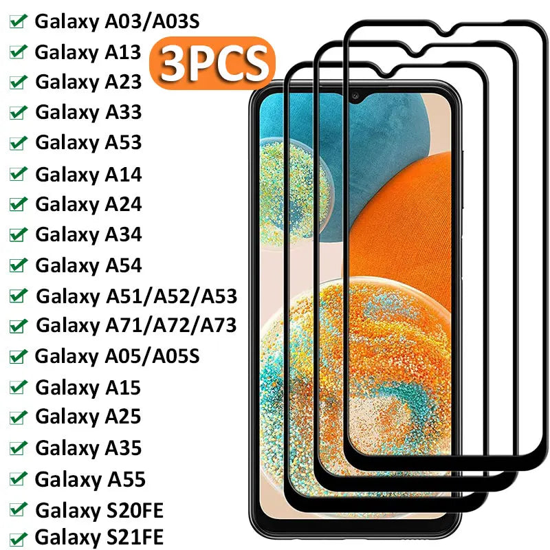 3Pcs Full Tempered Glass For Samsung Galaxy A05 A15 A25 A35 A55 S20FE A03 A13 A53 A72 A71 A51 A54 A14 A34 Screen Protector Glass