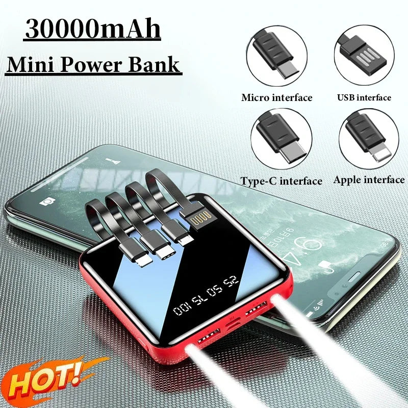 30000mAh Powerbank Mirror Digital Display Screen Built-In Cord Mobile Power Supply Compact External Battery For iphone Samsung