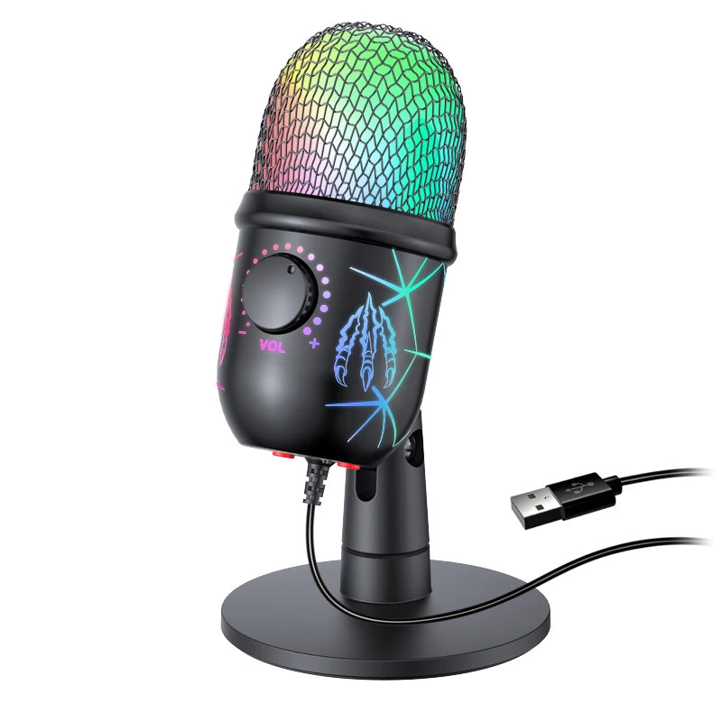 Gaming USB Condenser Microphone for PC – Podcast & Studio Recording with LED, Noise Cancellation, Headphone Jack