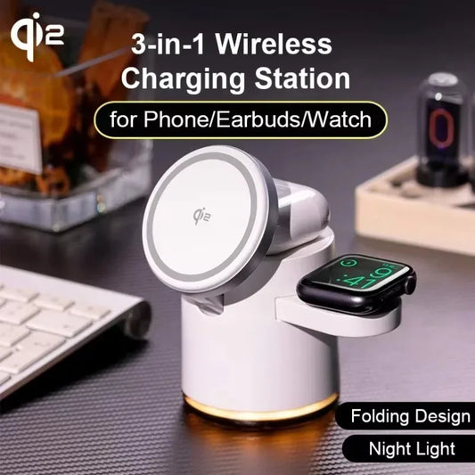 Qi2 Charger with Night lamp 3in1 Magsafe Wireless Chargers Station for iPhone & Samsung Apple Watch Magnetic Accessory