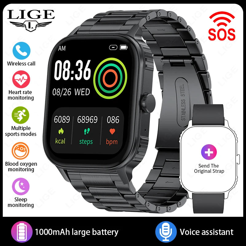 LIGE 2.04" HD Display 2025 New 1000mAh Large Battery Smart Watch Bluetooth Call Health Monitor IP68 Waterproof Sport