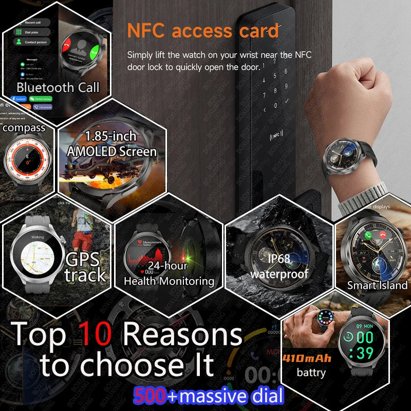 For Huawei 1.85-inch Smart Watch Men Sport Waterproof Fitness Heart Rate Watches Compass GPS Track NFC Bluetooth Call Smartwatch