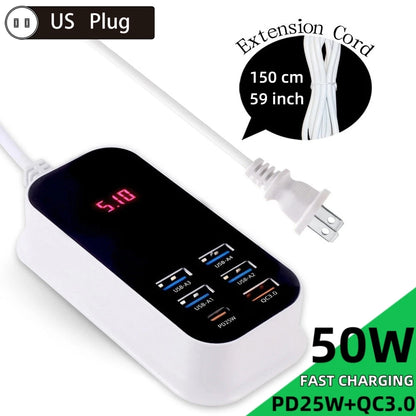 50W Multiple Port USB Fast  Charger PD25W Type C QC3.0 Desktop Wall Power Adapter Phone UK EU US Korea Plug Quick Charge