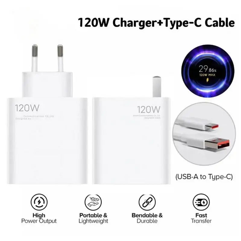 120W USB Fast Charger EU/US Plug Phone Charge Adapter For SamsungXiaomi Wall Charger With 120W Charging Cable