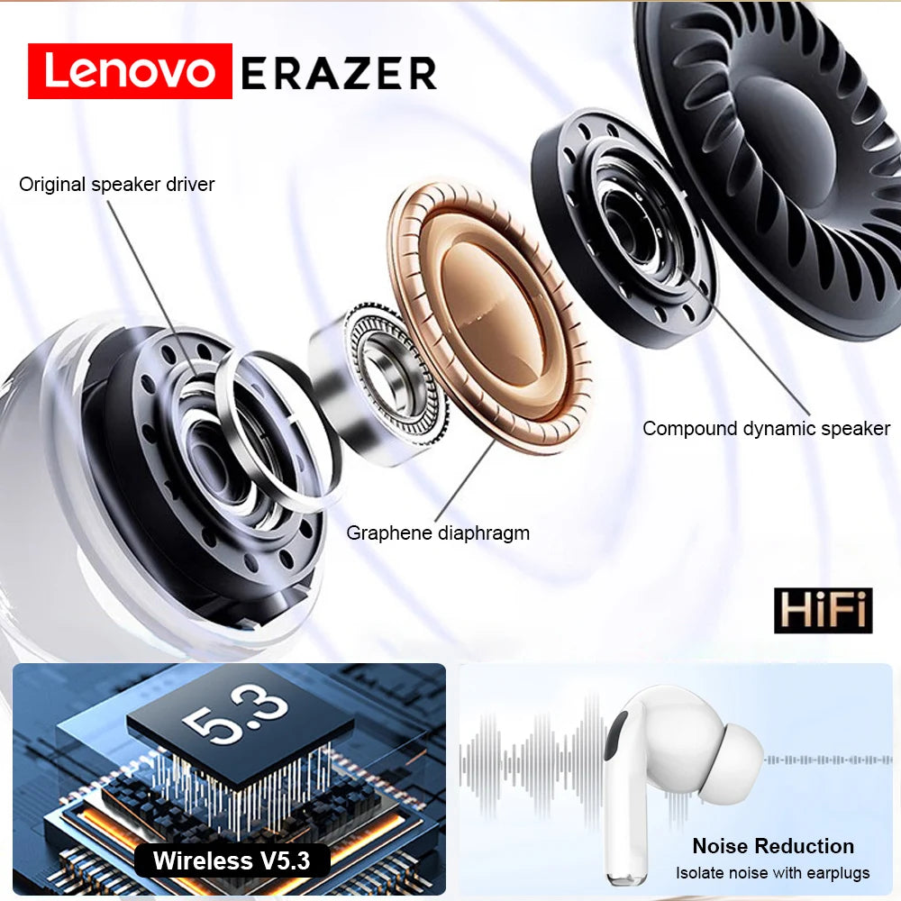 Lenovo ERAZER Original Bluetooth Earphones HIFI Stereo Sound Earbuds With Built-in Mic Touch Screen Wireless Headphones HD Music