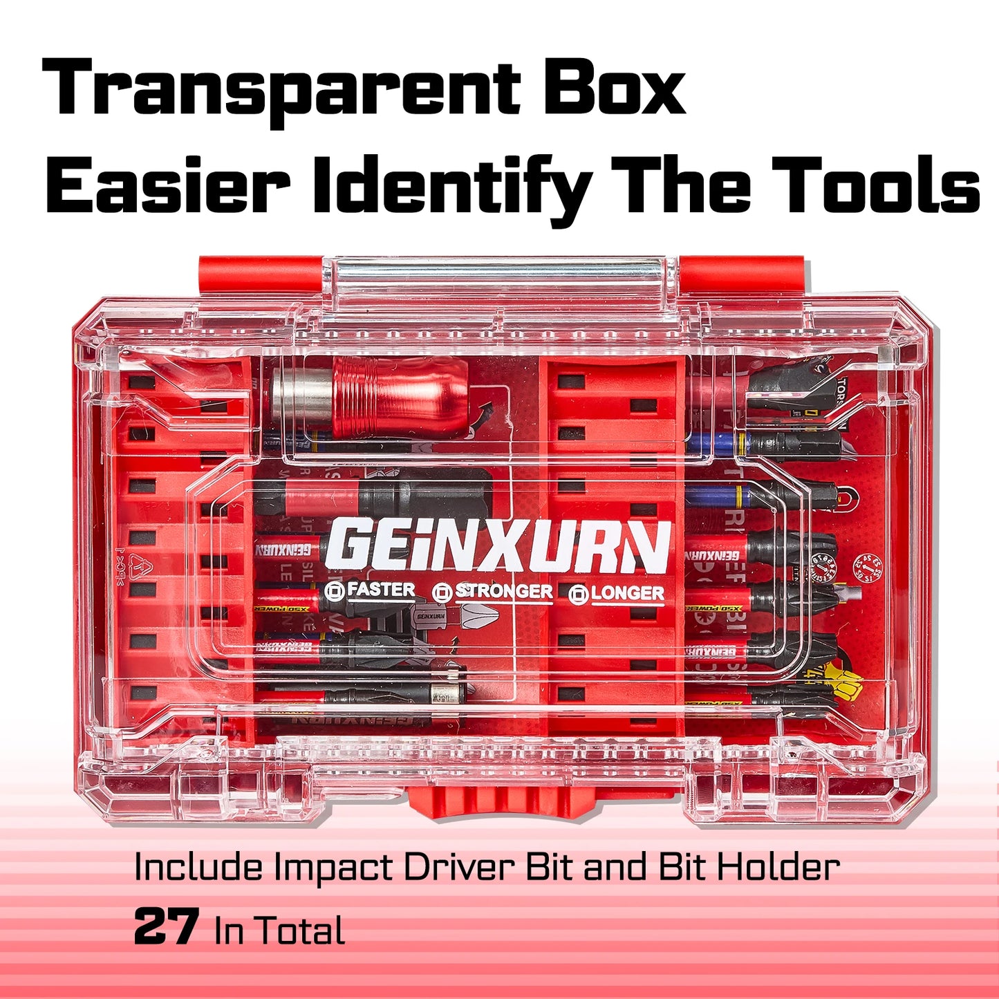 Geinxurn Impact Screwdriver Bit Set with Tough Case(Red), 27PCS S2 Steel Bit Set,2" Long  bits with 2.36