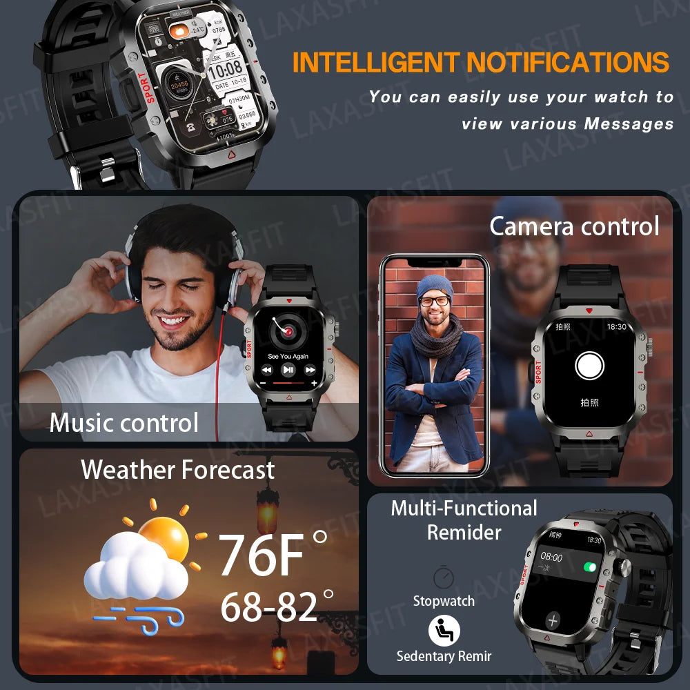 LAXASFIT Smart Watch Bluetooth Voice Call with LED Flashlight Health Monitor Outdoor Sports