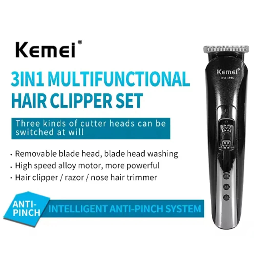 Kemei KM-1506 3-in-1 Electric Shaver – Rechargeable Hair & Nose Trimmer for Men