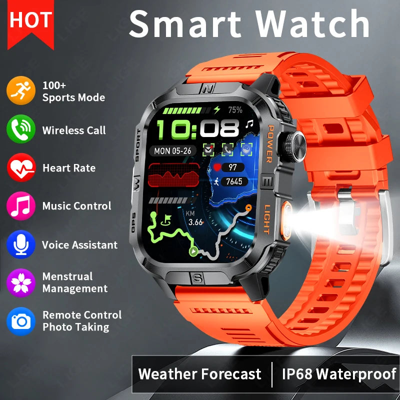 LIGE GPS Positioning Smart Watch Compass Flashlight Outdoor Watches Bluetooth Call 2.01'' Large Screen Waterproof