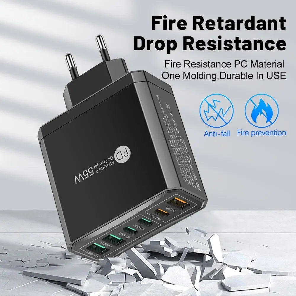 55W PD USB Charger 6 Ports Fast Charging Travel For iPhone Samsung Huawei Xiaomi Mobile Phone Quick 3.0