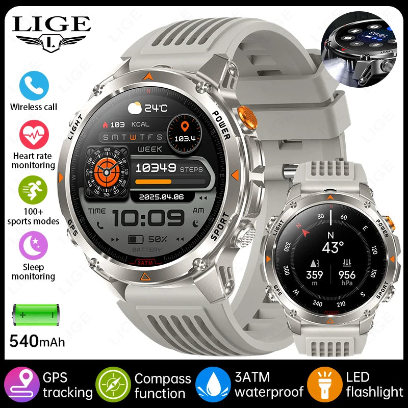 LIGE 2025 New Professional GPS Track Sports Smartwatch Outdoor RIDE Run Compass Altimeter 3ATM Fitness Bracelets 540mAh