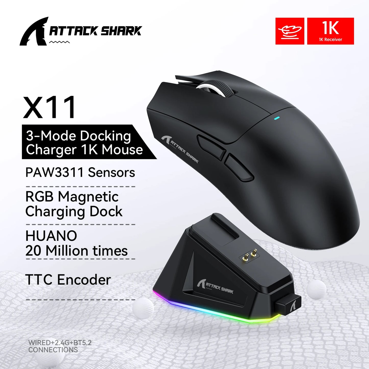 Attack Shark X11/X6/X2/X2Pro Gaming Mouse Magnetic RGB PAW3395 Bluetooth Three-Mode Connection Wireless Mouse, DPI Adjustable