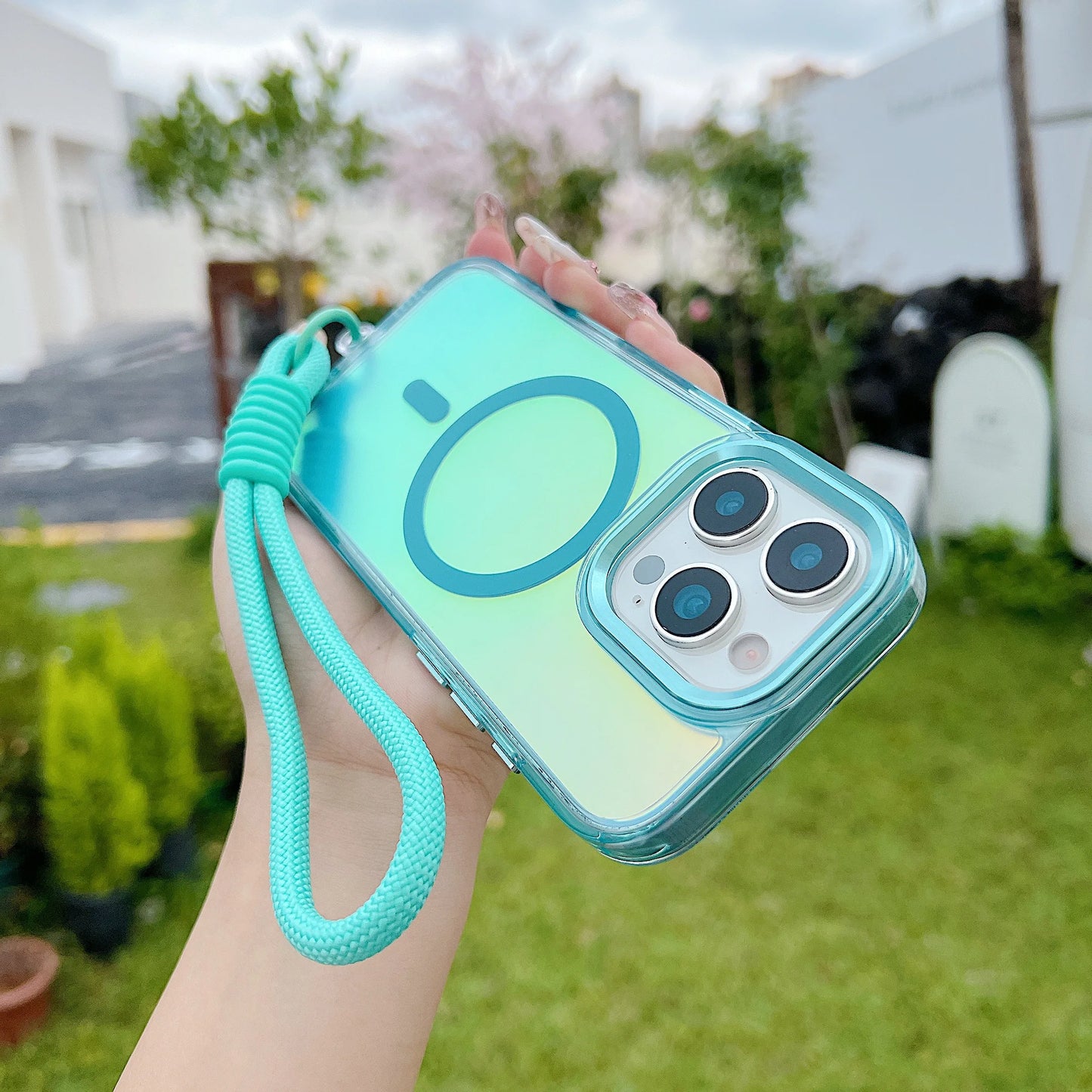 Fashion Laser Gradient Magnetic Lanyard Shockproof Case for iPhone 17 Air 16 15 14 13 11 12 Pro Max Plus E For Magsafe