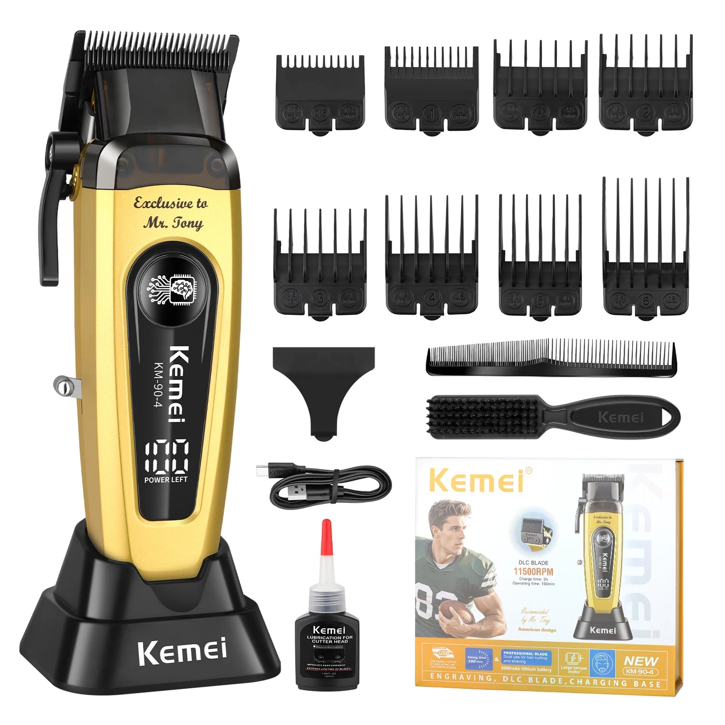 Kemei KM-904 Professional Hair Clipper – 11500RPM, Brushless Motor, DLC Blade