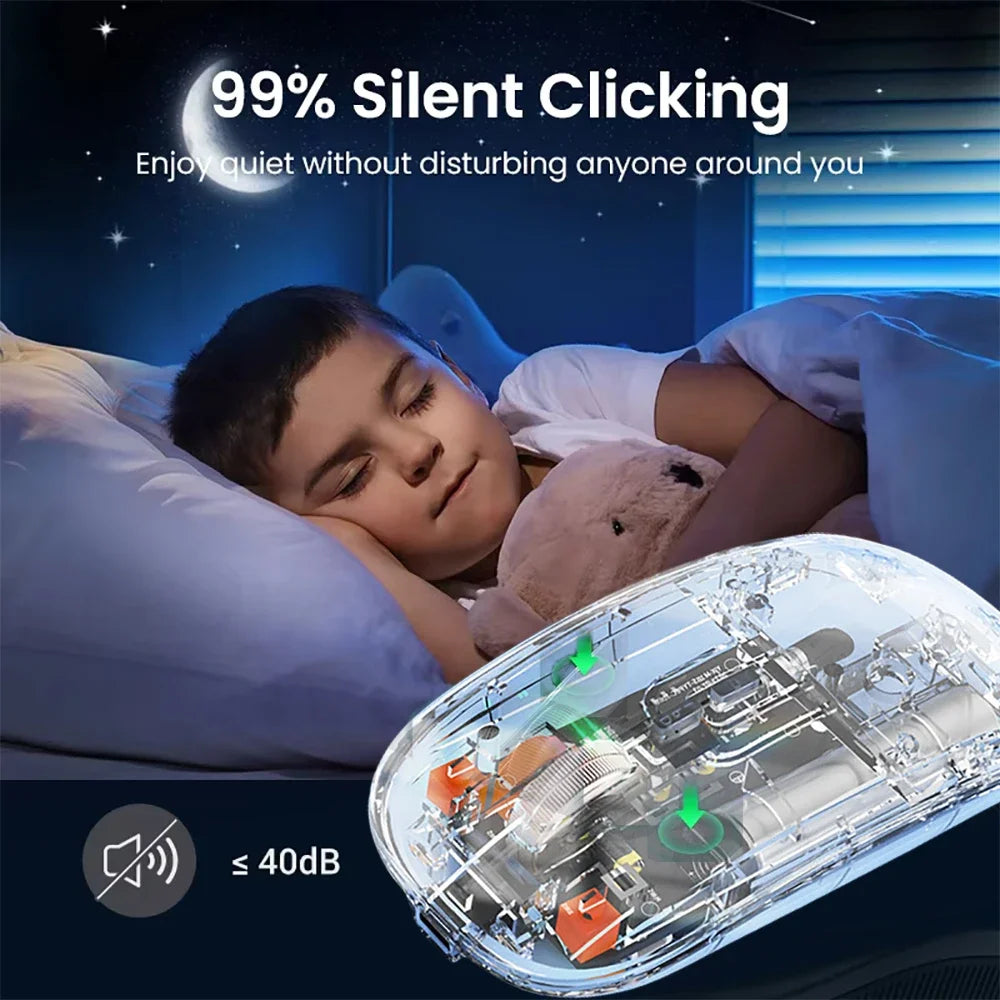 Tri-Mode Transparent Wireless Mouse – Dual Bluetooth & 2.4G, 2400DPI, Silent & Rechargeable
