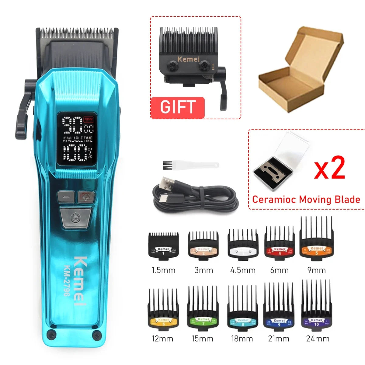 Kemei KM-2796 Professional Hair Clipper – Brushless Motor, DLC Blade, 9000RPM